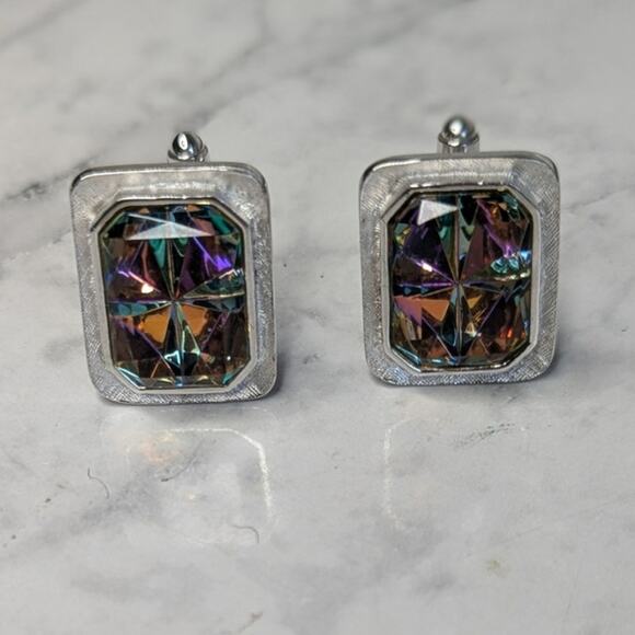 Vintage Silver toned large prizm square stone unsigned formal cufflinks mens - Picture 3 of 6
